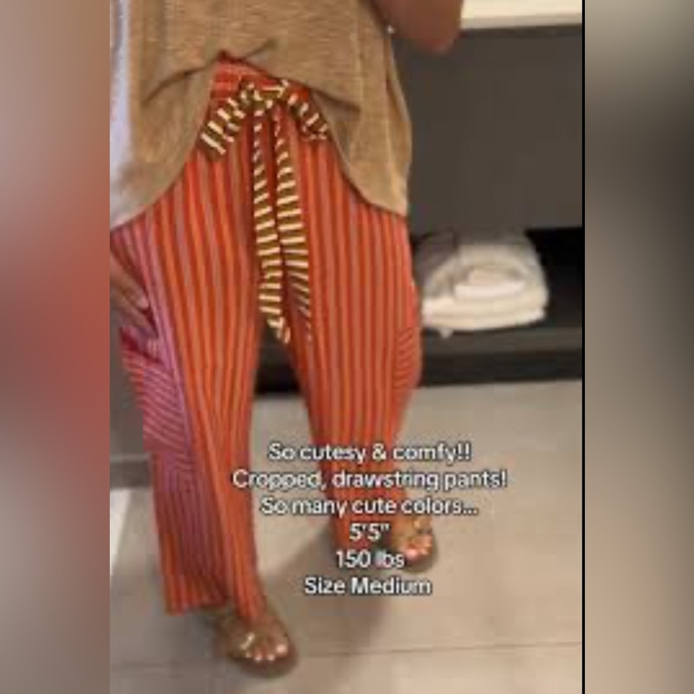 (B3) NWOT Unbranded Orange Brown‎ Striped Wide Leg Drawstring Boho Crop Pants XS